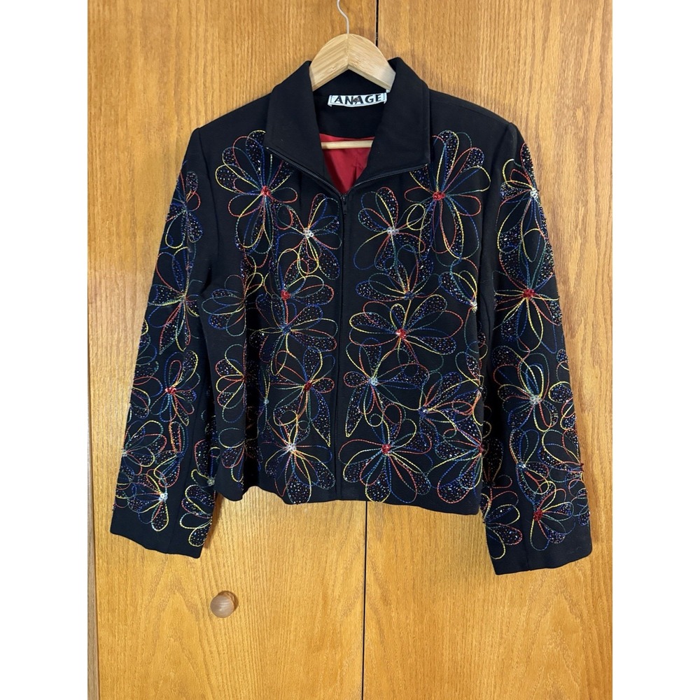 Vintage ANAGE Wms L Jacket Black Beaded Embroidered Holiday Sparkle Wearable Art